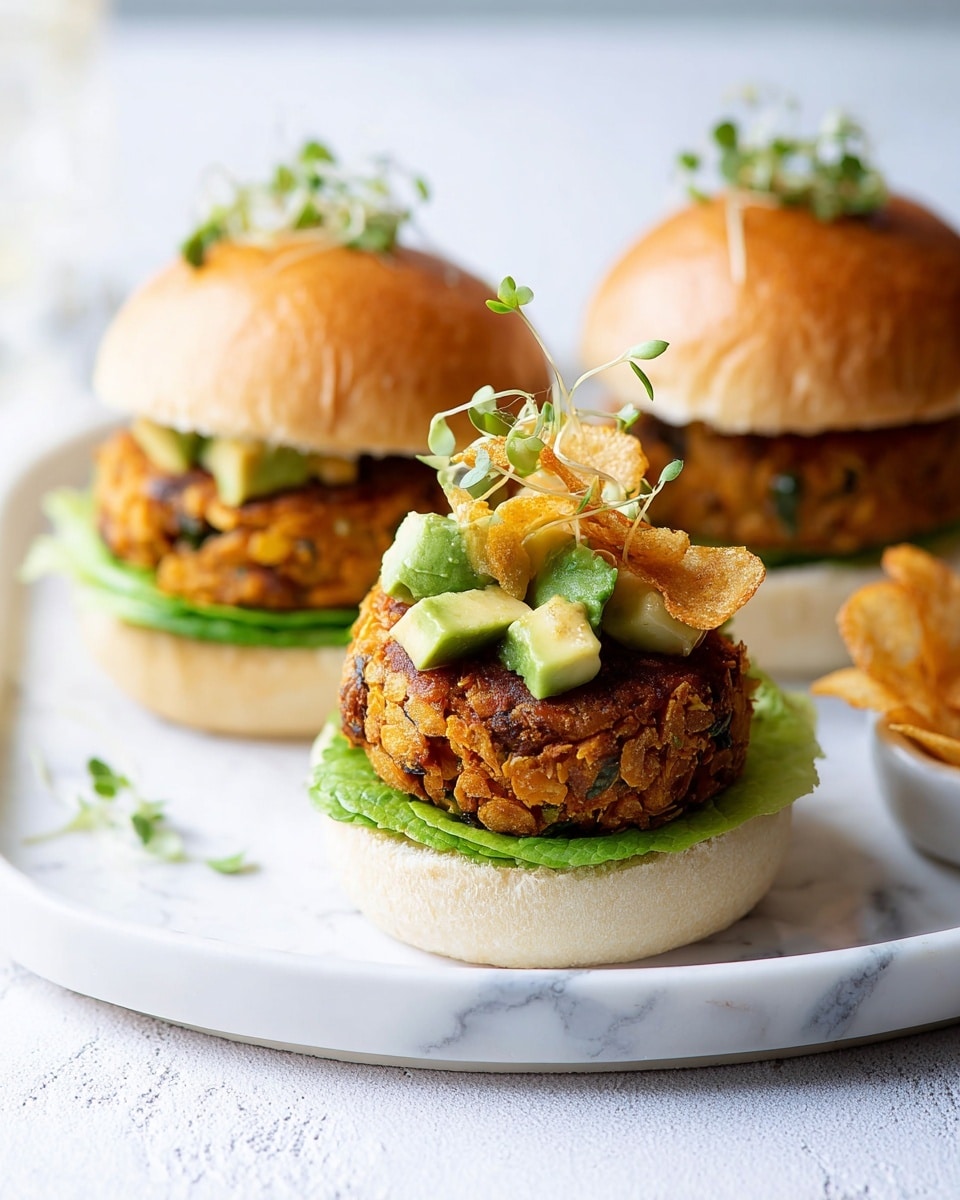 The image shows three small burgers placed on a white marbled surface, each with a shiny light brown bun top slightly tilted back. The bottom bun is topped with a fresh green lettuce leaf, and on top of that sits a thick, round, orange-brown patty with visible bits of herbs and grains. Each patty is garnished with diced light green avocado pieces and a few crispy, thin potato chips, then sprinkled with small green sprouts. The foremost burger is fully visible on a white plate, while the other two are placed directly on the white marbled surface, with two potato chips lying next to them. The lighting is soft, making the textures of the bun, patty, and toppings appear fresh and inviting. Photo taken with an iphone --ar 4:5 --v 7