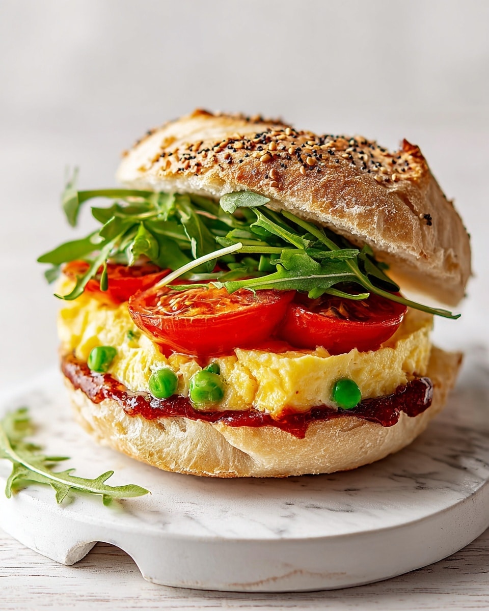 A sandwich with a seeded top bun, speckled with black and white seeds, slightly lifted to show the layers inside. The bottom bun is white and soft, spread with a glossy, dark red sauce. On top of the sauce are fresh, bright red slices of tomato. Above the tomato is a thick slice of light yellow and white frittata packed with whole green peas, showing its soft but firm texture. A few fresh, dark green arugula leaves crown the frittata, adding a leafy texture. The sandwich sits on a white rounded wooden board, placed on a white marbled background. Photo taken with an iphone --ar 4:5 --v 7