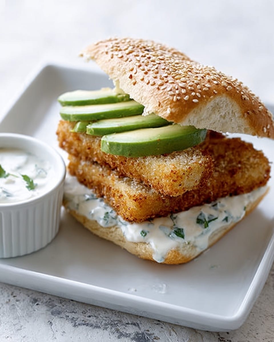 The image shows a sandwich made with a sesame seed bun on a white square plate. The bottom bun has a creamy white sauce with small green herbs spread thickly. On top are two crispy golden-brown fish sticks, stacked one over the other, showing a crunchy texture. Slices of fresh green avocado rest on the fish sticks, adding a smooth contrast. The top half of the sesame bun is tilted and leaning against the stack. Next to the sandwich, there is a small white cup filled with a creamy white sauce with green herbs. The background is a white marbled surface. photo taken with an iphone --ar 4:5 --v 7