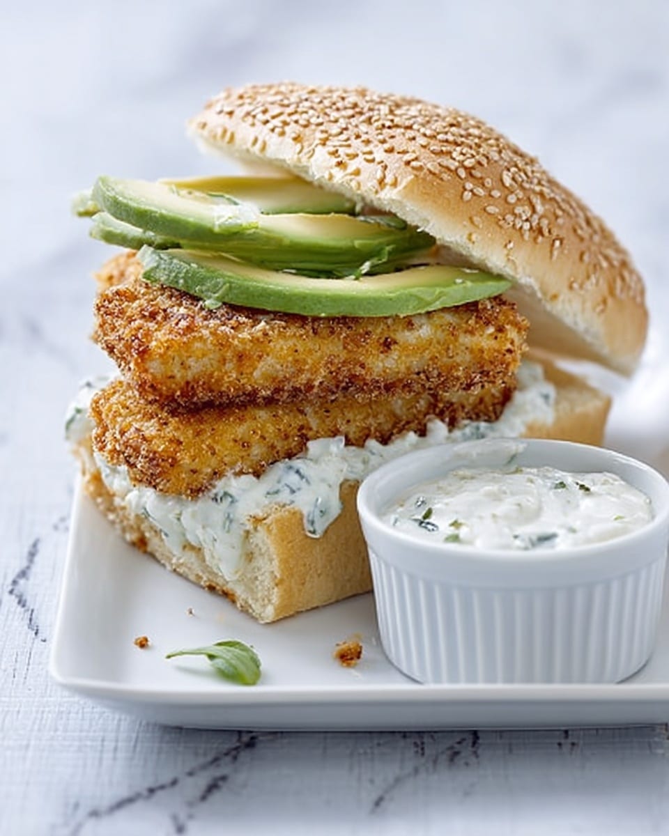 A sandwich sits on a square white plate with a sesame seed bun on top and bottom. The bottom bun is spread with a white creamy sauce with green herbs. On top of that, there are two crispy, golden brown breaded fish fillets stacked. Above the fish, thin slices of green avocado are placed. The top bun leans to the side, showing the layers inside. Next to the sandwich on the plate is a small white cup filled with the same creamy sauce. The background is a white marbled texture. photo taken with an iphone --ar 4:5 --v 7