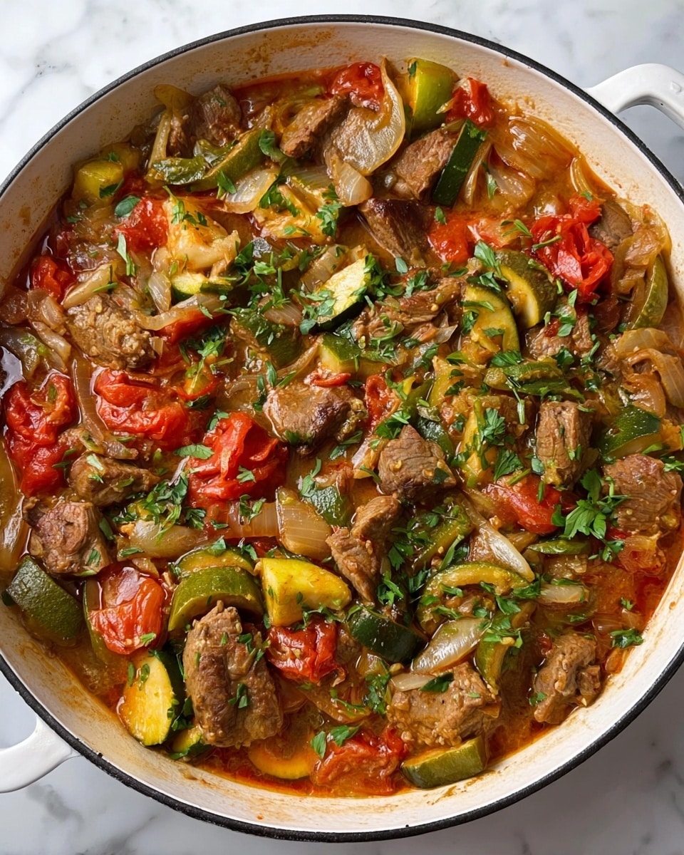 A round white pan filled with a colorful cooked dish that has three main layers visible: the bottom layer contains soft yellow and green zucchini pieces and whole white pearl onions; the middle layer has chunks of cooked brown meat meant to be tender; and the top layer includes bright red tomato pieces and green herb leaves spread evenly. The dish looks juicy and glossy, with the sauce blending the colors together. The pan sits on a white marbled surface with parts of a stove visible. Photo taken with an iphone --ar 4:5 --v 7