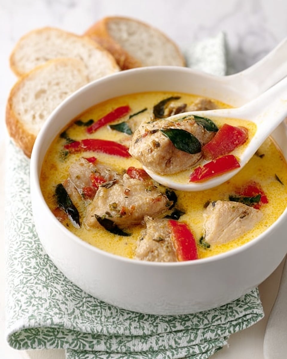 A white round bowl contains a creamy yellow curry with visible layers including tender brown chicken pieces partially submerged in the sauce, bright red bell pepper chunks, and dark green leaves scattered on top and mixed inside. A white ladle is dipped into the bowl, showing the smooth texture of the curry. The bowl rests on a light green striped cloth, placed on a white marbled surface. On the side, there are two slices of light brown crusty bread with a soft interior. photo taken with an iphone --ar 4:5 --v 7