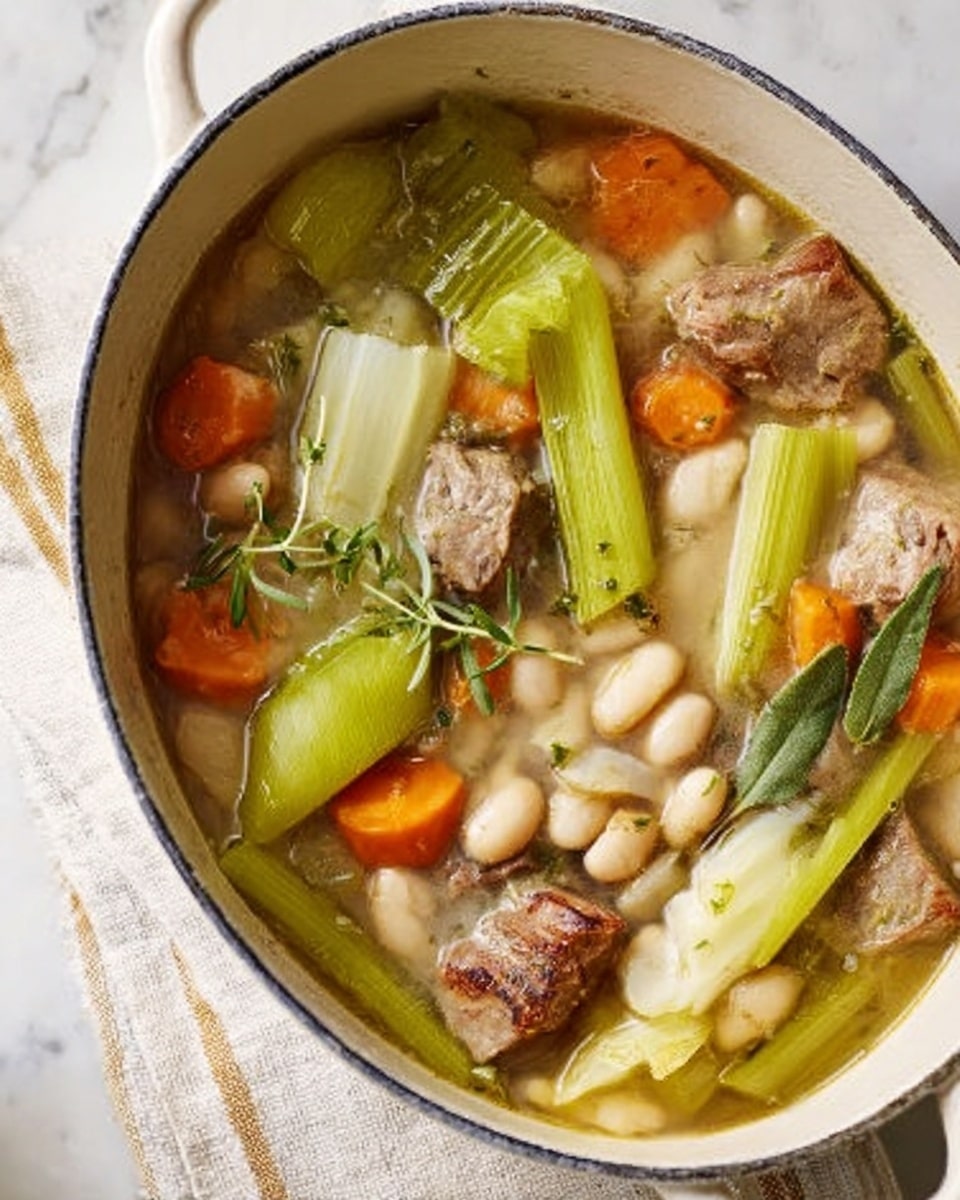 The image shows a close-up of a white oval pot filled with a stew-like dish. The dish has chopped pieces of cooked meat scattered throughout, mixed with thick chunks of orange carrots and pale green leeks cut into short sections. White beans are spread over the top, and a sprig of fresh rosemary adds a touch of green. The stew is in a light broth that fills the pot halfway. The pot rests on a white marbled surface with a light striped cloth partially visible underneath. photo taken with an iphone --ar 4:5 --v 7
