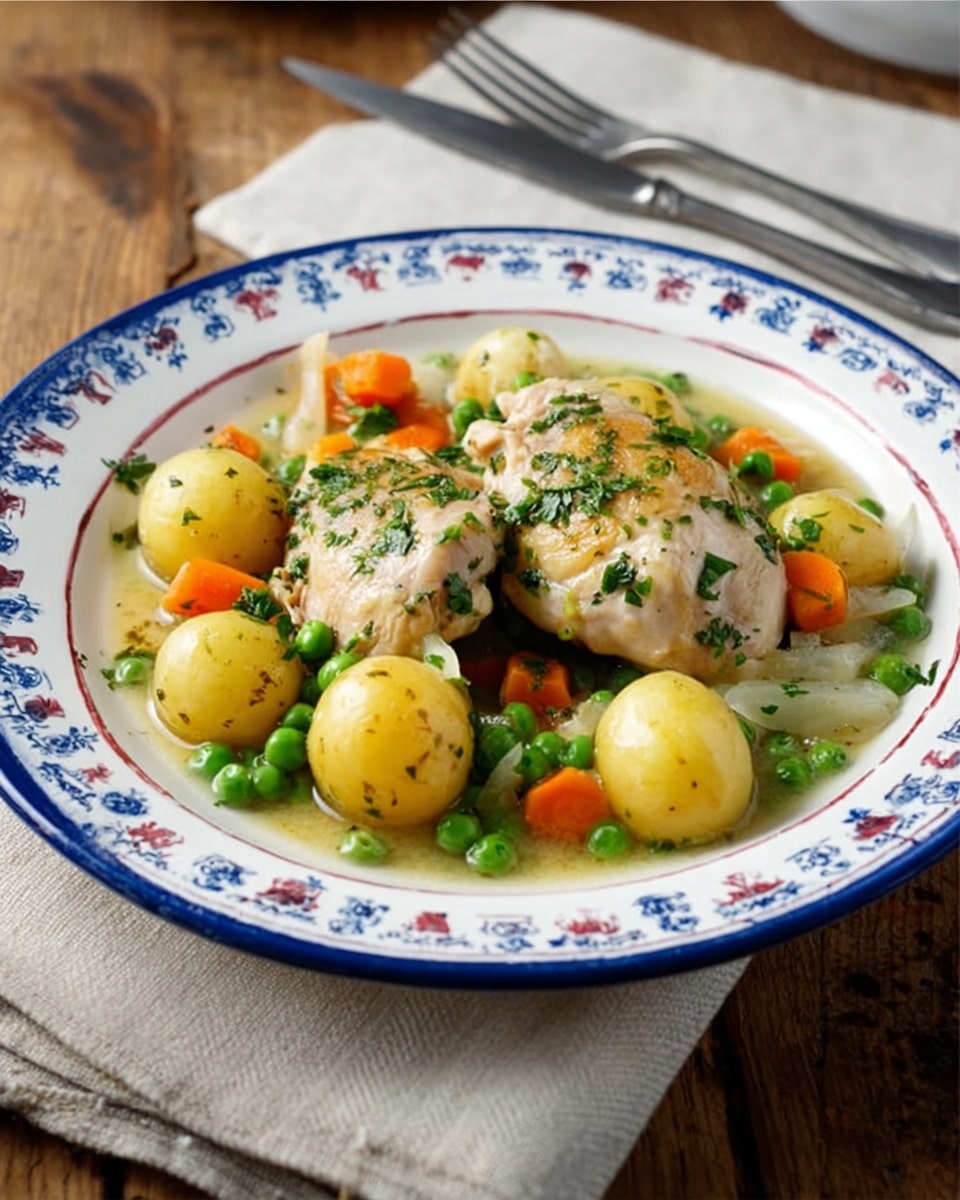 A white bowl with blue and red designs holds a dish with two pieces of cooked chicken on top, surrounded by small whole potatoes, bright orange carrot slices, and green peas in a light broth. The chicken looks tender and has small green herb bits sprinkled on it. The broth is clear and shows a mix of small chopped herbs floating around. The bowl is set on a beige cloth over a wooden surface. A fork with a wooden handle rests next to the bowl. photo taken with an iphone --ar 4:5 --v 7
