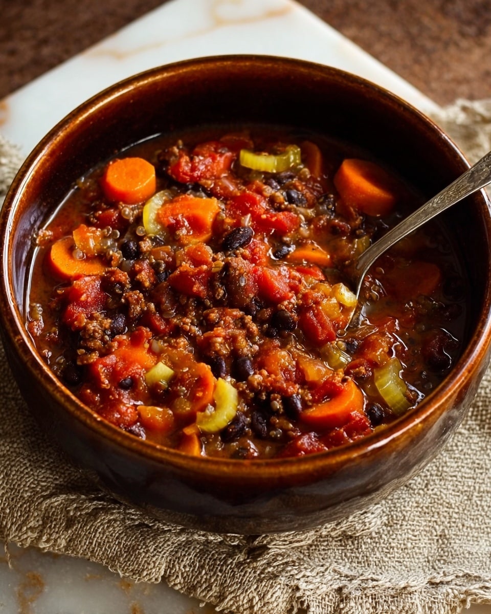 A dark brown ceramic bowl filled with a thick vegetable stew that has visible slices of orange carrots, pale green celery, and chickpeas in a rich red tomato-based sauce mixed with small dark beans. A silver spoon is placed inside the bowl on the right side, resting against the edge. The bowl sits on a light beige woven cloth, which is on a white marbled surface. photo taken with an iphone --ar 4:5 --v 7