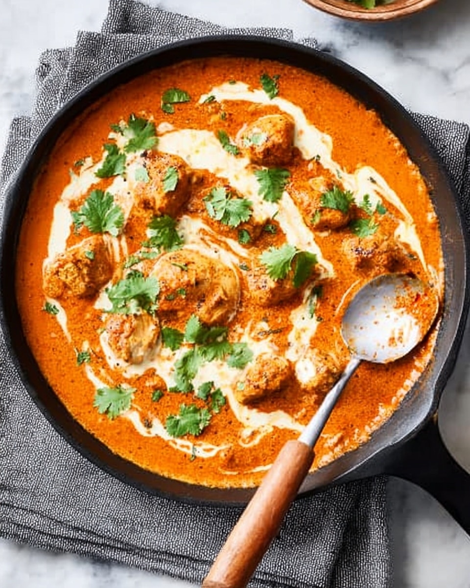 A black pan filled with creamy orange curry sauce, showing several tender chicken pieces partially submerged within the sauce. The top of the curry is decorated with swirls of white cream and scattered bright green cilantro leaves. A silver spoon with a white and light wood handle dips into the curry on the right side of the pan. The pan is placed on a folded textured gray cloth, all set on a white marbled surface. photo taken with an iphone --ar 4:5 --v 7