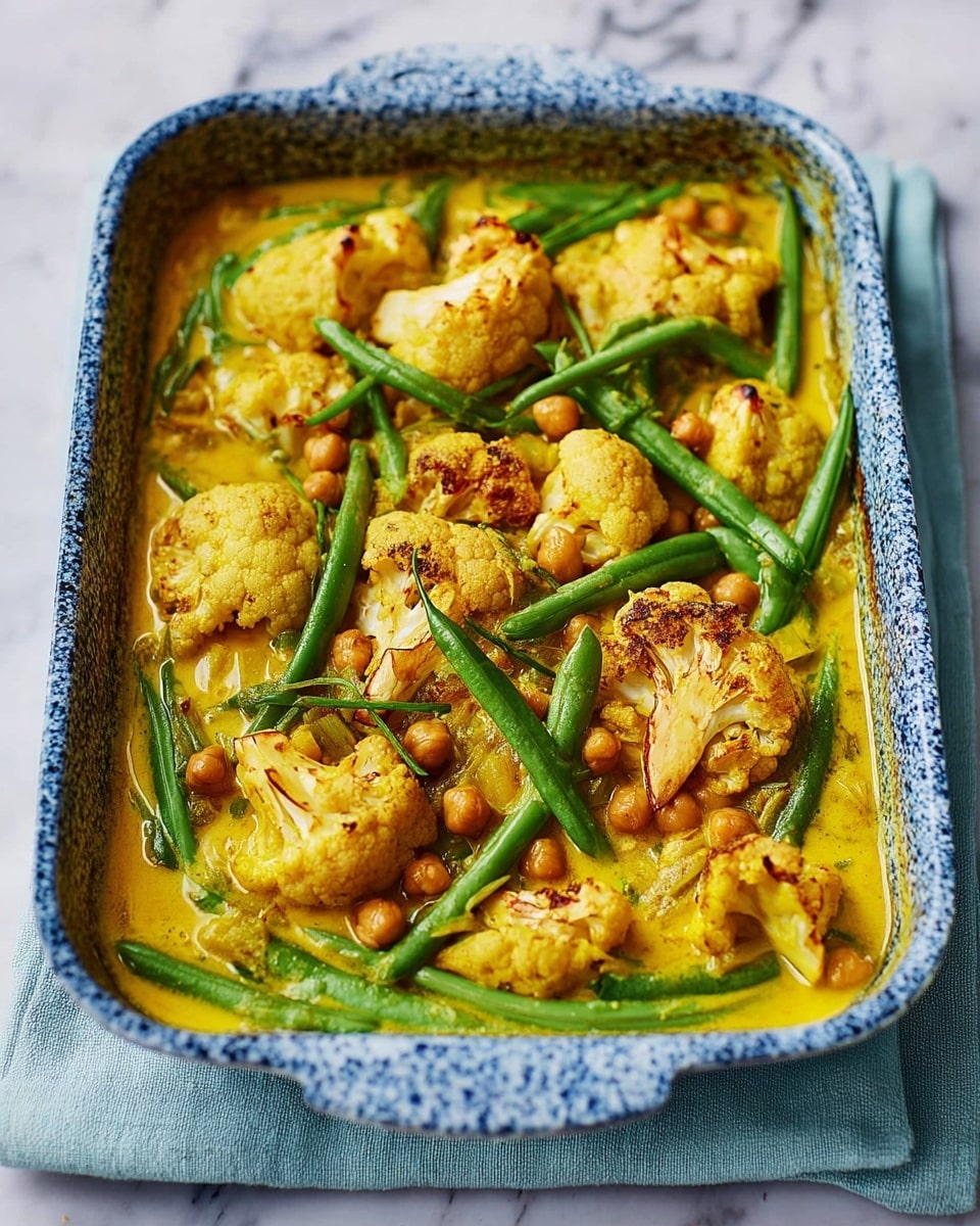 The image shows a blue speckled rectangular baking dish filled with a layered vegetable dish. The base layer is a thick yellow sauce covering the bottom. On top, there are many roasted cauliflower florets, browned slightly in parts, scattered around. Among the cauliflower, several bright green whole green beans are placed vertically and diagonally, adding a fresh contrast. Some roasted chickpeas and charred onion slices are also visible, mixed with the vegetables. The dish is on a white marbled surface with a light blue textured cloth underneath. Photo taken with an iphone --ar 4:5 --v 7