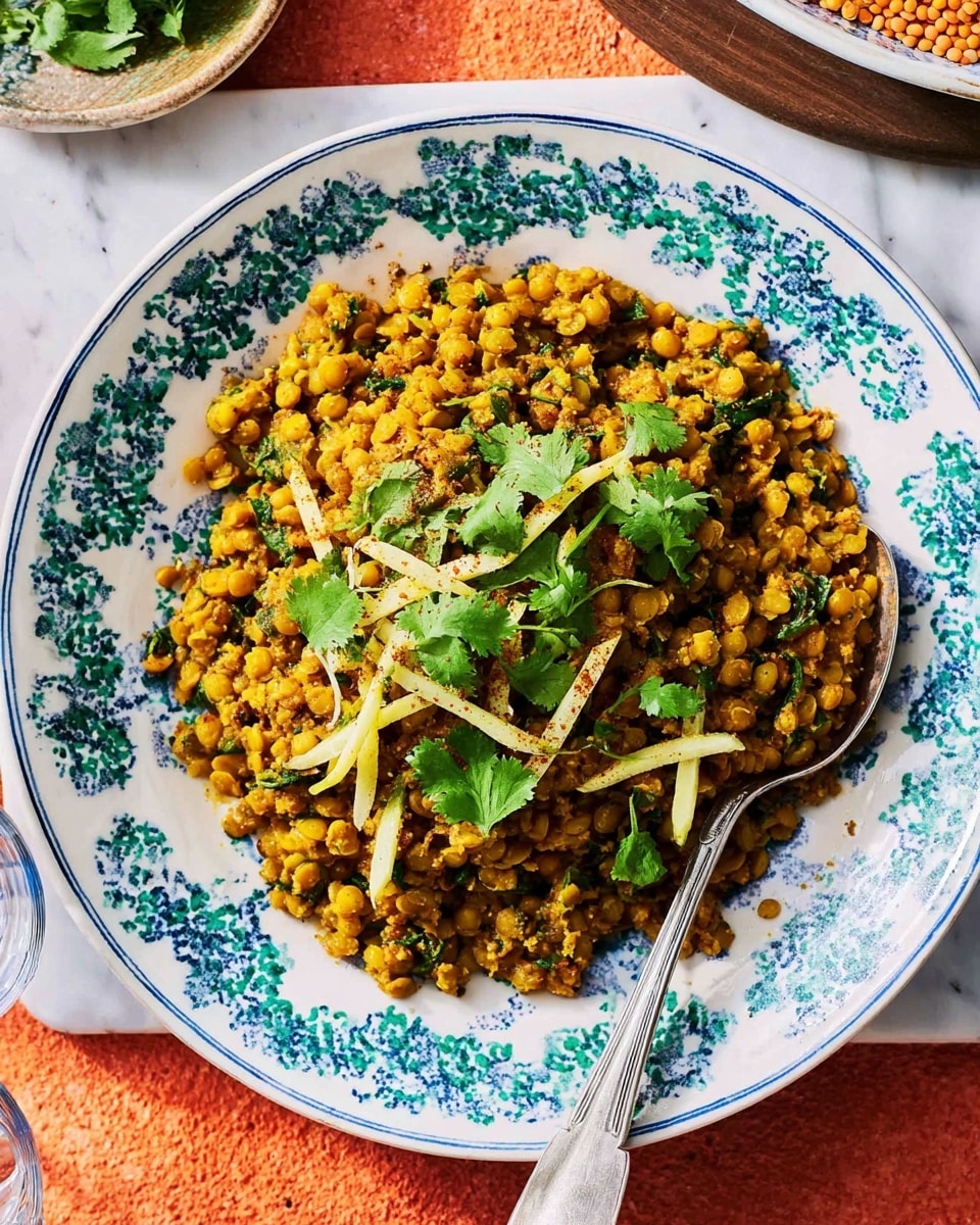A blue and white patterned ceramic plate holds a spiced yellow lentil dish topped with bright green fresh cilantro leaves and thin pale yellow ginger strips, sprinkled lightly with a dark brown spice powder. The lentils are soft and broken in places, creating a textured, grainy layer that covers the whole plate, while two metal spoons rest on opposite sides of the dish. The plate is set on a white marbled surface with part of another plate with the same lentil dish visible in the upper right corner, adding depth to the image. Photo taken with an iphone --ar 4:5 --v 7