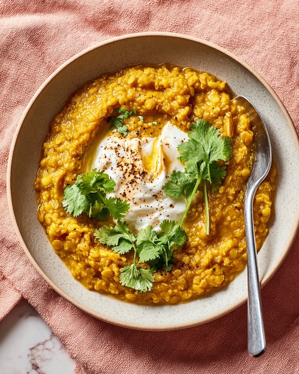 A deep light grey bowl filled with thick yellow-orange lentil curry that has a slightly chunky texture, topped with a dollop of white yogurt in the center. Fresh green cilantro leaves are placed on top of the yogurt, and there is a sprinkle of black pepper across the dish. A silver fork is resting inside the bowl on the right side, partially submerged in the curry. The bowl sits on a white marbled surface with a soft pink cloth underneath, and a glass of water is partially visible on the upper right side. Photo taken with an iphone --ar 4:5 --v 7