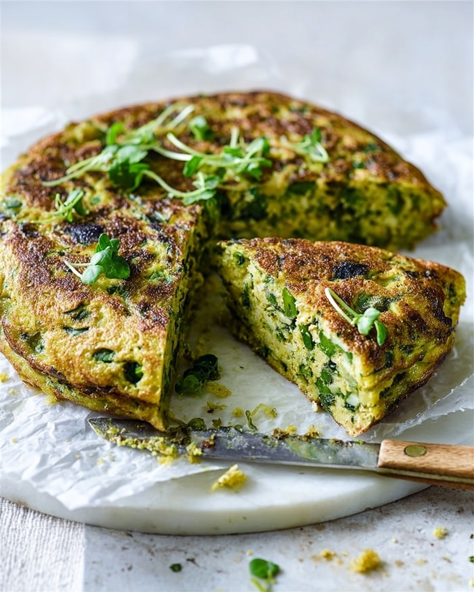 A round, thick omelette is cut into three wedges on a white plate, lined with white parchment paper. The omelette has a golden brown, slightly crispy outside layer, with a soft, light green and yellow inner mix filled evenly with chopped green vegetables and herbs. Small green herb leaves are scattered on top and around the omelette on the plate. A silver knife with a wooden handle rests on the edge of the plate, showing some omelette crumbs on the blade. The background is a white marbled texture with a soft, bright light. photo taken with an iphone --ar 4:5 --v 7
