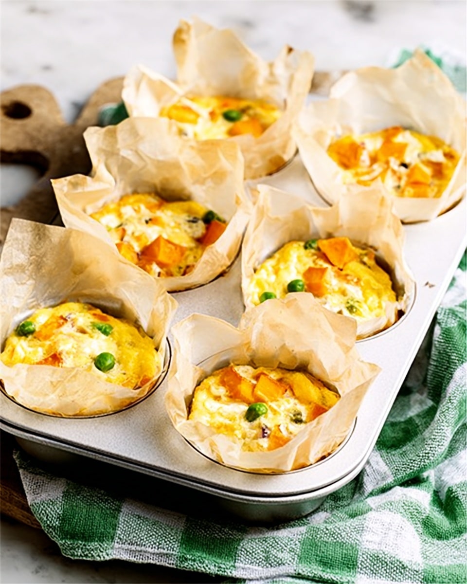 A white muffin tray holds five savory egg muffins, each wrapped in crinkled light beige parchment paper that peeks out from around the muffins. The muffins have a soft, yellow egg base mixed with small green peas, orange chunks of sweet potato, and white cubes of cheese giving each muffin a colorful, textured look. The tray sits on a white marbled surface with a green and white checkered cloth partially visible underneath. photo taken with an iphone --ar 4:5 --v 7