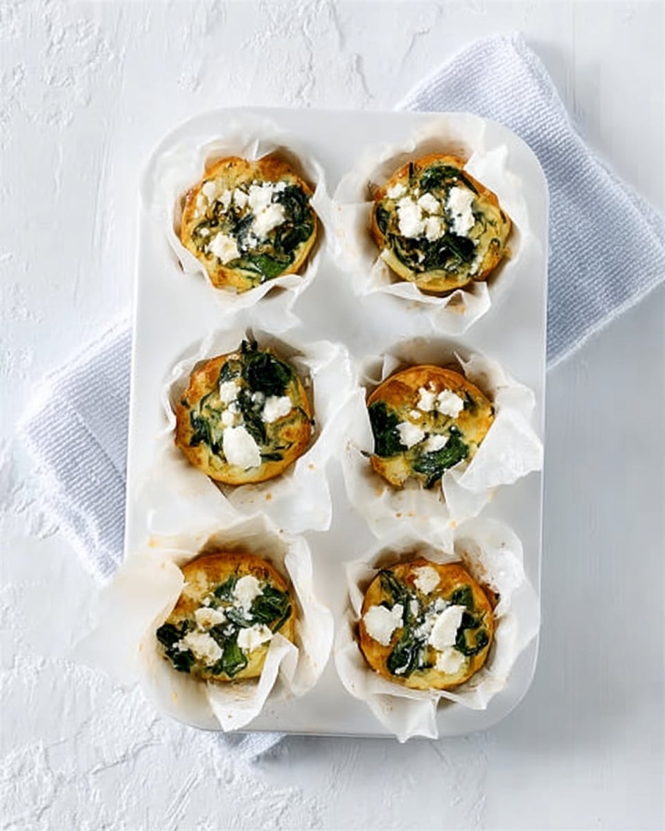 A top-down view of five small savory muffins in a white muffin tray with one muffin placed outside the tray on a white marbled surface. Each muffin has three layers: a light golden-brown baked base with a slightly rough texture, topped with spinach leaves that are dark green and wilted, and finished with small dollops of white creamy cheese scattered unevenly on top. The muffins are wrapped in white parchment paper that crinkles and folds around each one, and the white marbled surface below has a soft, clean look. Photo taken with an iphone --ar 4:5 --v 7