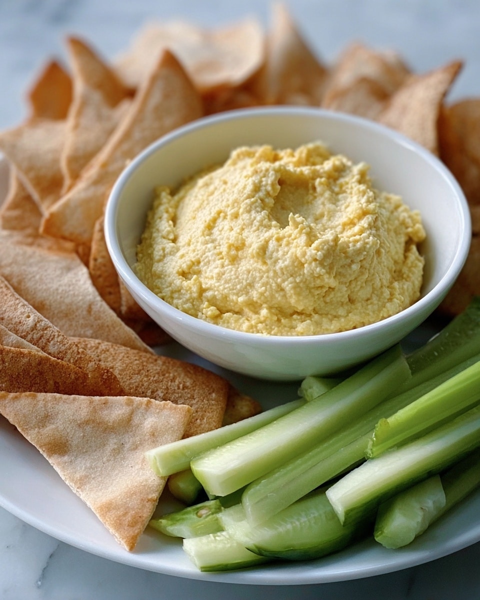 A white bowl filled with thick, creamy, pale yellow hummus sits in the middle of a white plate. Surrounding the bowl are several pieces of broken, lightly browned pita chips with a crisp texture and a pile of green celery sticks and cucumber slices arranged on one side. The plate is set on a white marbled surface, giving a clean and fresh look. photo taken with an iphone --ar 4:5 --v 7
