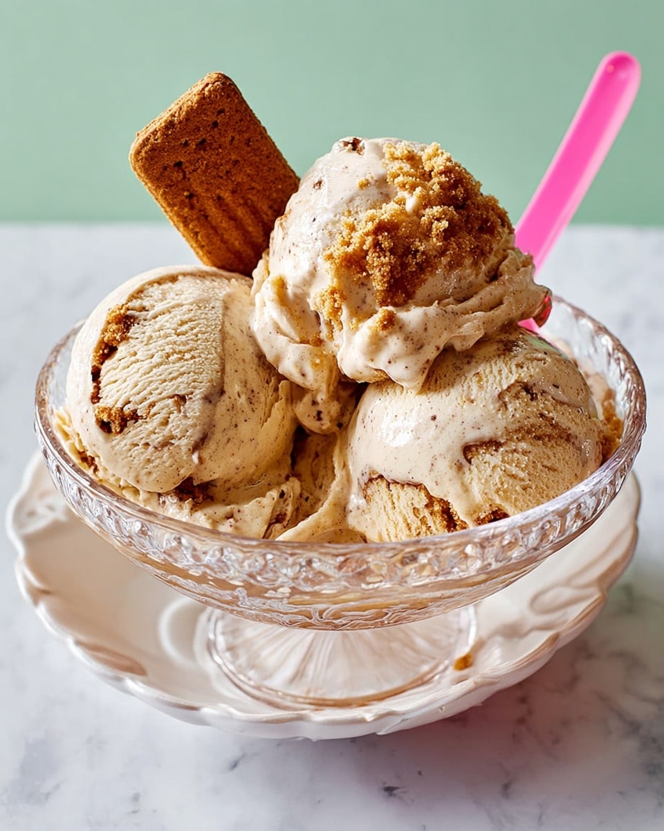 A clear glass bowl holds three scoops of light brown ice cream with visible swirls and specks of darker brown throughout, creating a textured look. One scoop is topped with a rectangular brown biscuit placed on the left side, standing upright. On the right side, a bright pink spoon is inserted into the ice cream. The bowl sits on a white plate with scalloped edges, and the whole setup is placed on a white marbled surface. photo taken with an iphone --ar 4:5 --v 7