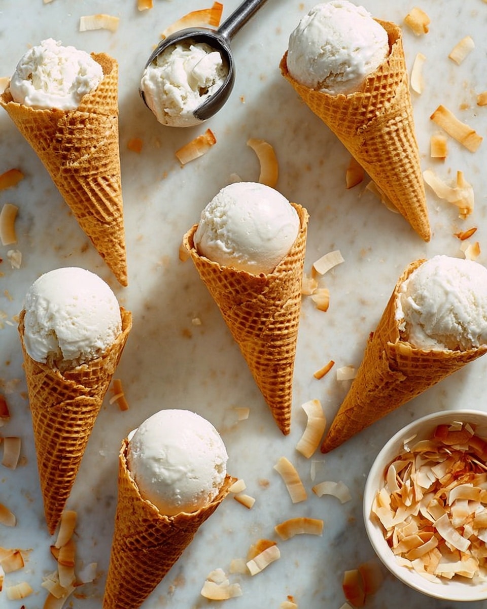 The image shows five waffle cones, each filled with one scoop of smooth white ice cream, placed on a white marbled surface. The cones have a golden-brown, crisp texture with a grid pattern. A vintage metal ice cream scooper with a white ice cream ball inside rests near the top center. At the bottom right corner, there is a small white bowl filled with toasted coconut flakes, and some flakes are scattered around it and on top of one ice cream scoop. The light highlights the creamy texture of the ice cream and the crunchy detail of the cones. Photo taken with an iphone --ar 4:5 --v 7