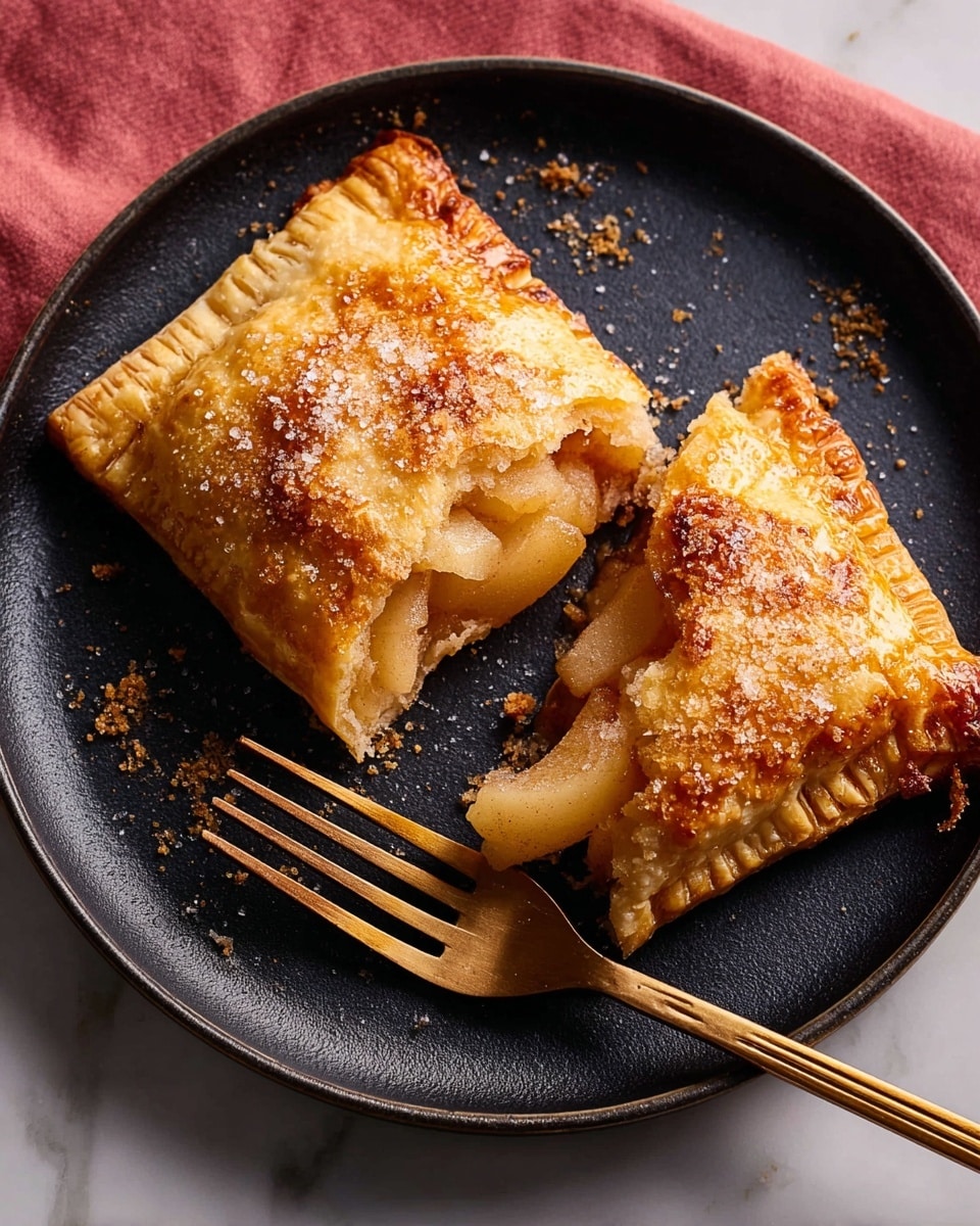 A dark plate holds a square-shaped pastry that is golden brown with a crispy, flaky crust sprinkled lightly with sugar crystals. The pastry is split open on one side, revealing a soft, translucent filling of cooked apple pieces in light brown syrup. Crumbs are scattered around the pastry on the plate, accompanied by a gold fork resting nearby. The setting has a white marbled texture beneath the plate with a dark red cloth partially visible. photo taken with an iphone --ar 4:5 --v 7