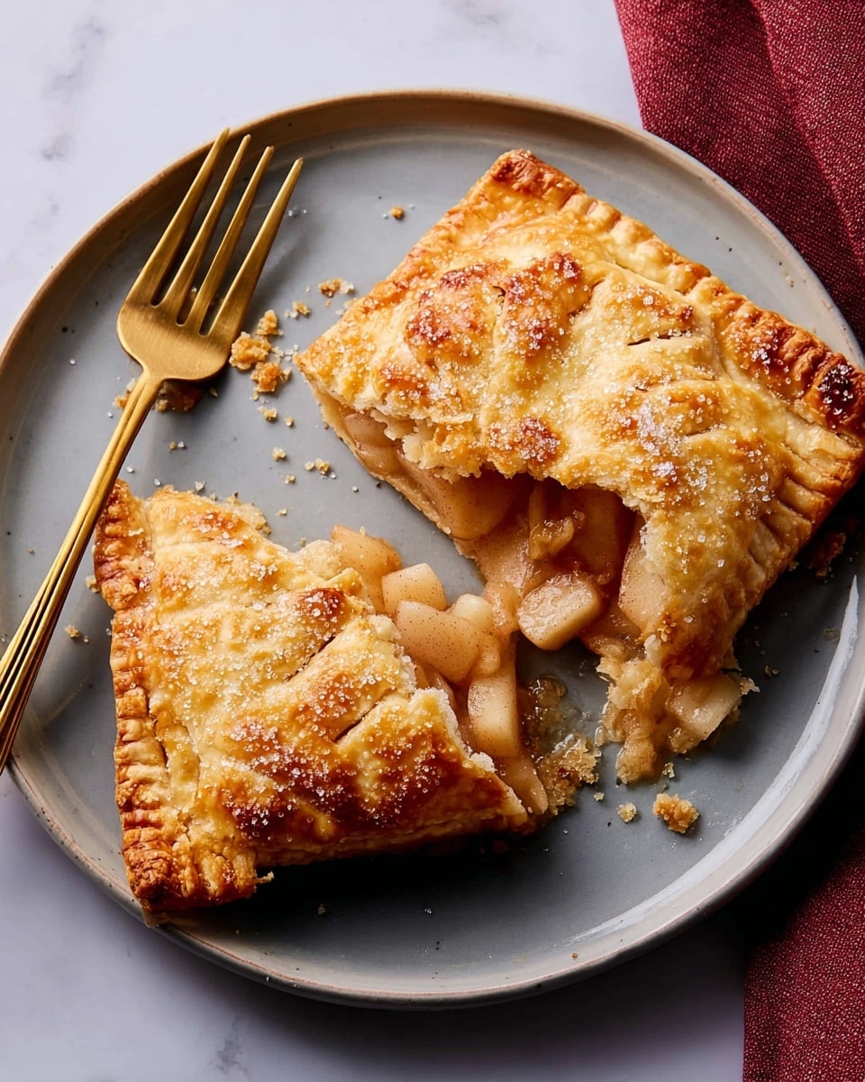 The image shows a white plate with two square pieces of golden-brown pastry, one partly broken to reveal a soft, light brown filling inside that looks like cooked apples. The top pastry layer is flaky with a slightly crispy texture and sugar sprinkled on it. The edges are sealed with fork marks creating a ridged pattern. A gold fork rests on the plate beside the pastries, with a few crumbs scattered around. The plate is placed on a white marbled surface. photo taken with an iphone --ar 4:5 --v 7