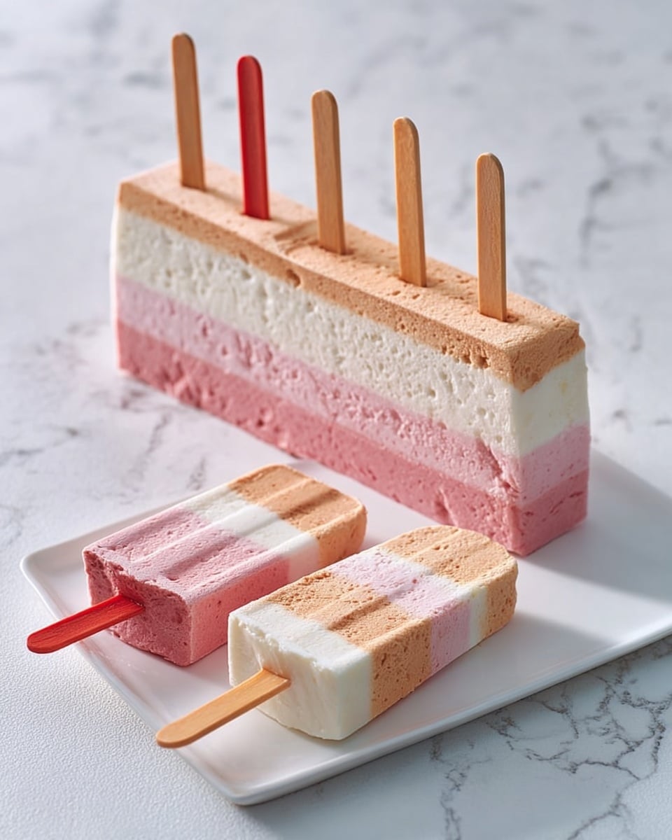 The image shows a dessert shaped like a rectangular cake with clean, straight layers placed on a long, narrow white plate. The dessert is made of three visible horizontal layers: the bottom layer is pink with a smooth, creamy texture; the middle layer is white and smooth; the top layer is light beige and creamy with small bits giving it a slightly rough texture. Two slices are cut and laid horizontally in front of the bigger cake, each with a popsicle stick inserted at the bottom, one in dark red and the other in orange. The background and surface are white with a subtle marble pattern. photo taken with an iphone --ar 4:5 --v 7