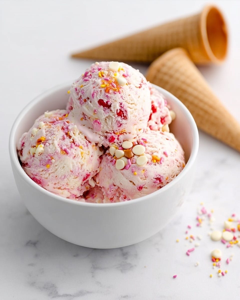 The image shows three scoops of pink and white ice cream in a plain white bowl. The ice cream has a creamy texture with some red fruit pieces inside. The top of the scoops is decorated with small white chocolate chips and colorful sprinkles in shades of yellow, pink, and purple. Next to the bowl on a white marbled surface are two empty waffle cones with a golden-brown color. The scene is simple and bright with soft lighting. Photo taken with an iphone --ar 4:5 --v 7
