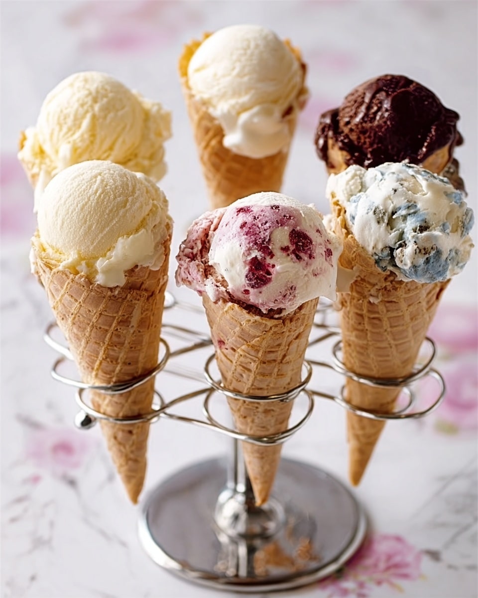 The image shows six ice cream cones each holding a single large scoop of ice cream, placed in a metal stand with spiral holders and a central handle. The cones are crisp and golden brown. The ice cream scoops have different colors and textures: two are creamy white, one is dark chocolate brown, one is white with bright red berry swirls, one is white with dark purple berry swirls and a sprinkle of yellow crumbles, and another is light pink with red spots. The background has a soft pink floral blur over a white marbled surface. photo taken with an iphone --ar 4:5 --v 7
