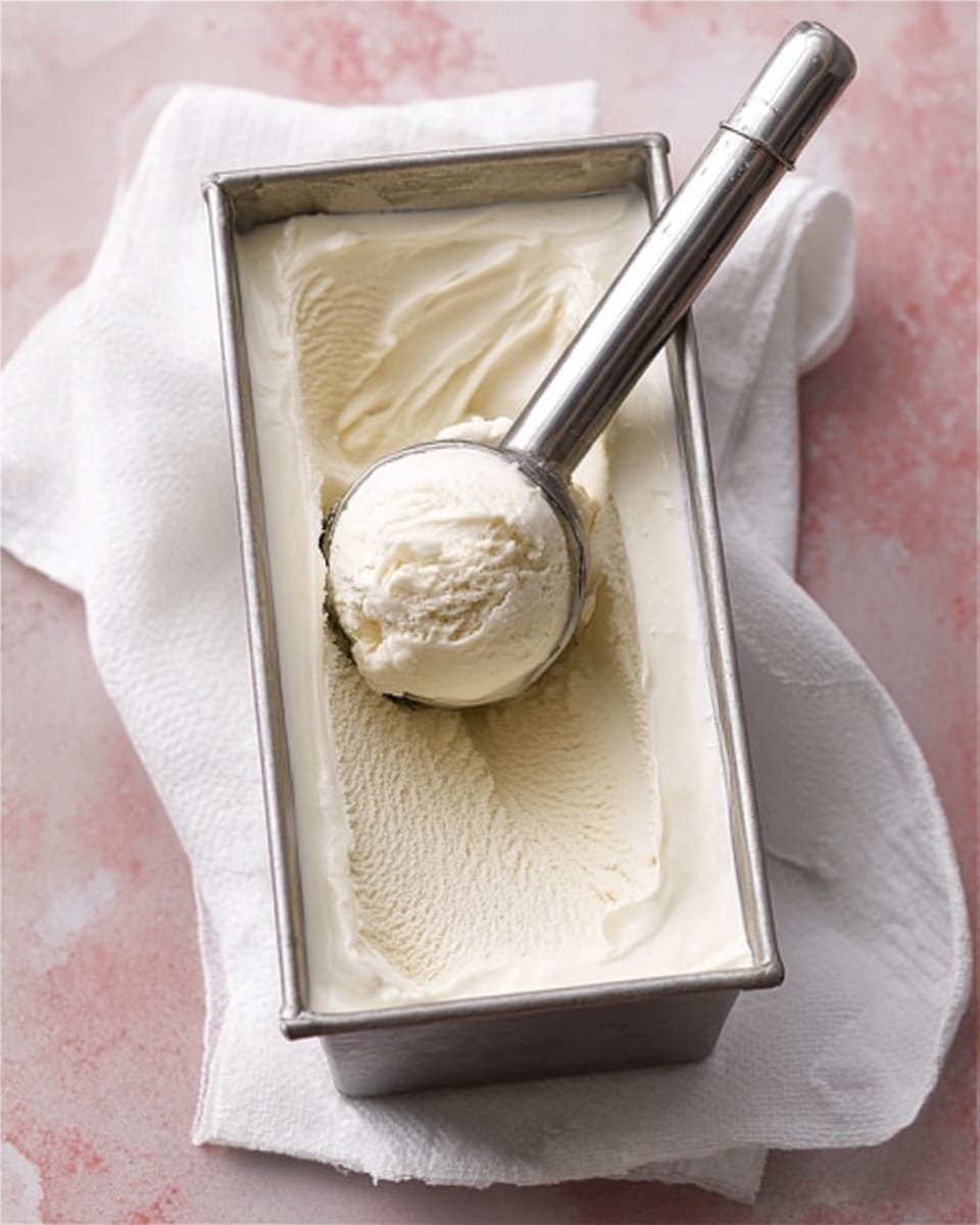 A metal rectangular container filled with smooth, creamy vanilla ice cream with soft swirls on the top layer, a scoop of ice cream held by a silver scoop positioned in the middle of the container. The container is placed on a folded white cloth, all resting on a white marbled surface. The ice cream looks fresh and soft, giving a cool and tasty feeling. photo taken with an iphone --ar 4:5 --v 7