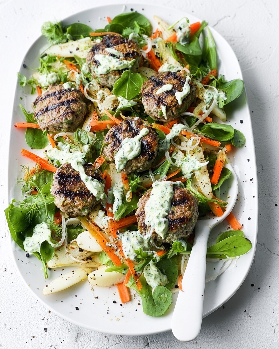 A white oval plate on a white marbled surface holds a colorful dish with several layers. The base layer is a mix of green leafy vegetables, including light and dark green leaves. On top of this base, there are pieces of grilled meat patties, each browned with visible grill marks, spread evenly across the plate. Mixed around the patties are thin slices of orange carrots and light beige fried or roasted sticks. Drizzled generously over the entire dish is a creamy white sauce with small green herbs scattered, adding texture and a fresh look. A white spoon rests beside the plate, and the whole photo is bright and clear. photo taken with an iphone --ar 4:5 --v 7