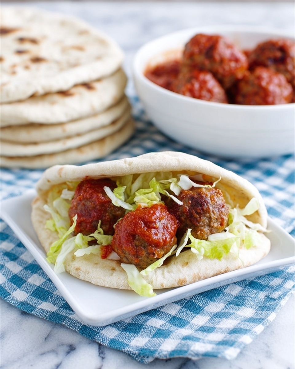 The image shows a white square plate on a white marbled surface, holding a pita stuffed with three brown meatballs coated in red tomato sauce, layered over a bed of light green shredded lettuce. Behind the pita, there is a white bowl filled with more meatballs in tomato sauce. To the left, there are three plain white pitas stacked. The scene is bright with soft natural light, giving the food a fresh and appetizing look. Photo taken with an iphone --ar 4:5 --v 7