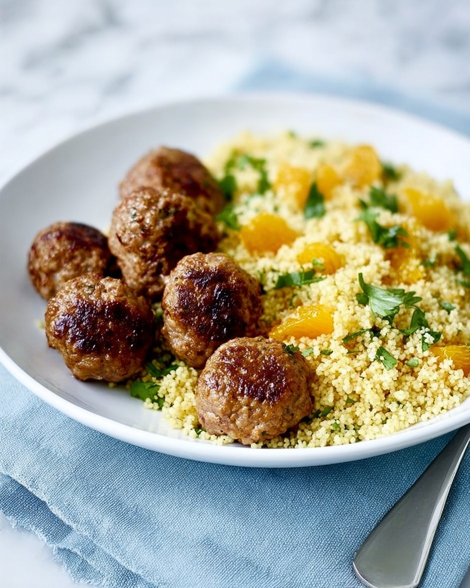 The image shows a white plate with two parts: on one side, there are six brown meatballs with a slightly rough texture and a golden brown color from cooking, stacked close together; on the other side, there is a serving of yellow couscous mixed with small green herb pieces and bits of orange, giving it a fresh look. The plate is placed on top of a folded pale blue cloth, sitting on a white marbled surface. A silver fork lies to the right side of the plate. photo taken with an iphone --ar 4:5 --v 7