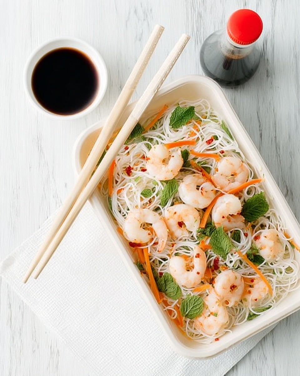 The image shows a white rectangular container filled with a shrimp noodle salad. The base layer consists of thin white rice noodles with a soft texture. On top of the noodles are pink and white cooked shrimp evenly spread out. Bright orange carrot strips and green herbs, including some mint leaves, are mixed throughout, adding fresh color and texture. A pair of light wooden chopsticks rests diagonally across the container's top edge. To the left, there is a small white bowl with dark soy sauce and a red-capped bottle. The background is a white marbled texture. Photo taken with an iphone --ar 4:5 --v 7