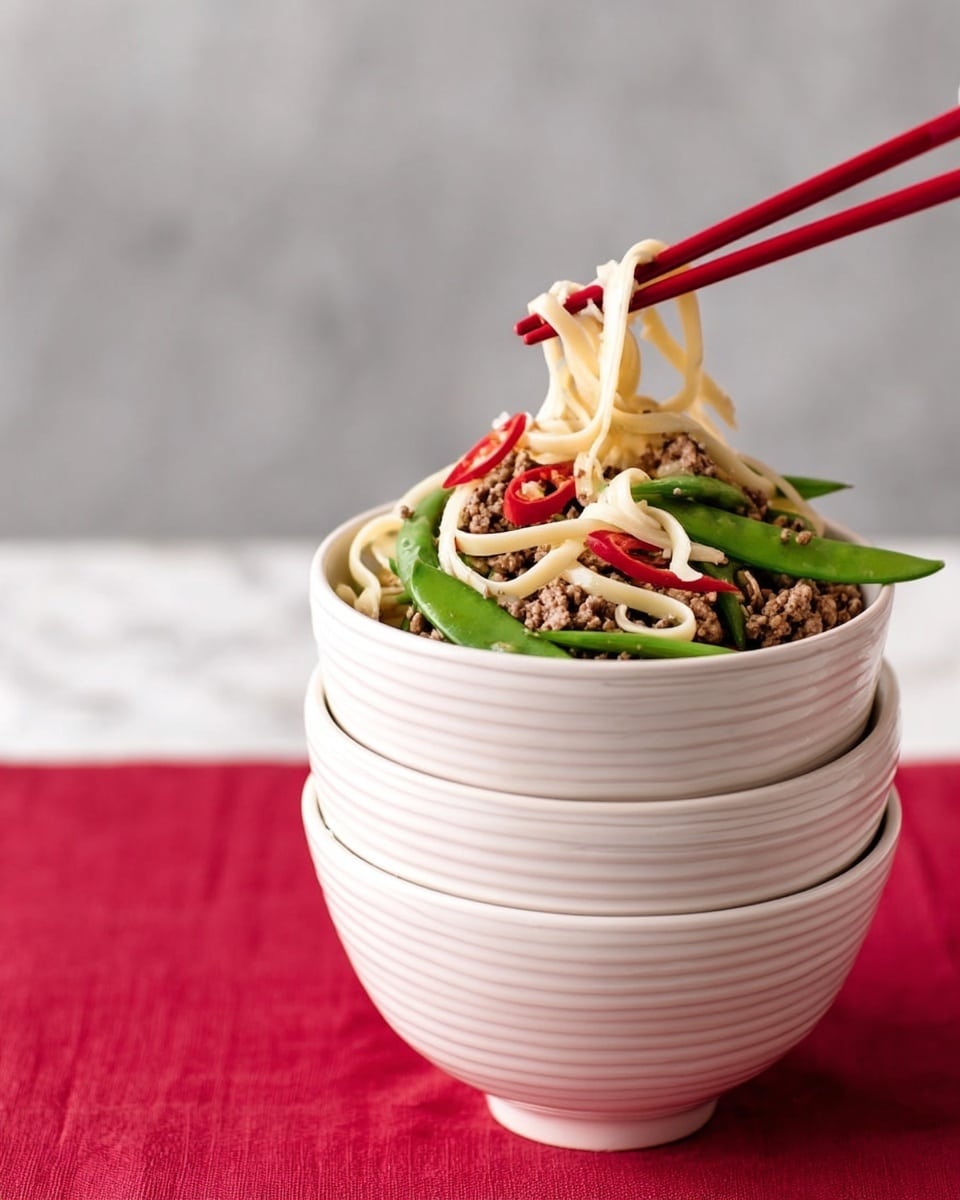 A stack of three white bowls with ridged texture is filled to the top with a noodle dish. The top layer has light beige, thick noodles mixed with small pieces of browned ground meat, bright green snap peas, thin slices of white onion, and thin red chili strips. A pair of red chopsticks is holding some noodles from the top bowl. The bowls sit on a white marbled surface with a red cloth underneath. Photo taken with an iphone --ar 4:5 --v 7