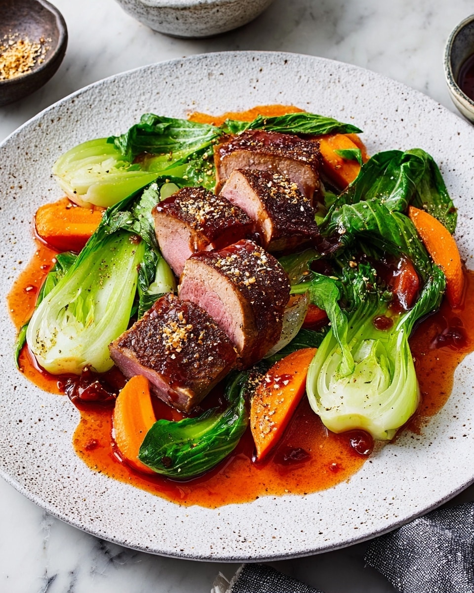 The image shows a white bowl filled with a dish arranged in three distinct layers: the bottom layer is made of bright green bok choy with a slightly shiny, fresh texture; on top of it, there are several pieces of cooked meat with a light brown, crispy coating and soft pink interior; the top layer is garnished with glossy orange-red slices of fruit or vegetable, drizzled with a thick, shiny red sauce that pools slightly at the bottom. The bowl is placed on a white marbled textured surface with small scattered red pepper flakes around. Photo taken with an iphone --ar 4:5 --v 7