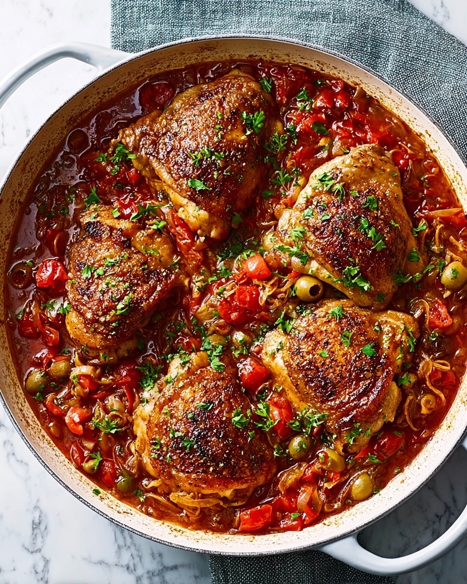 A white pan filled with four browned chicken thighs placed evenly on a base of thick reddish-brown sauce mixed with chopped red tomatoes and green olives. The sauce has a chunky, rich texture, with small bits of herbs sprinkled on top. The chicken skin looks crispy with a golden-brown color. The pan is resting on a white marbled surface with a folded gray cloth nearby. photo taken with an iphone --ar 4:5 --v 7