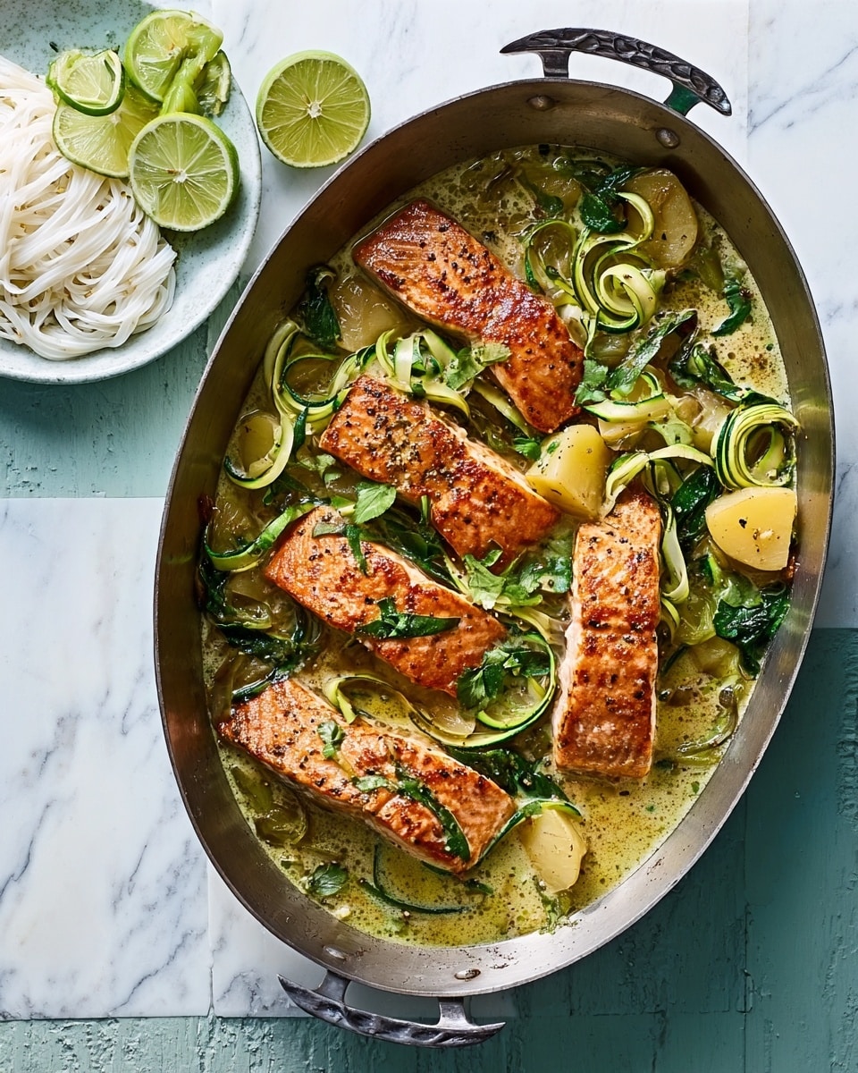 An oval metal dish filled with four pieces of browned salmon fillets laid on a thick green curry sauce with visible herbs and spices. The curry has scattered small, sliced green herbs and chili on top. Thin, curled ribbons of green zucchini are spread across the dish, adding texture and height. Light yellow potato chunks sit nestled in the sauce, partly covered by the fish. The dish rests on a white marbled surface with part of a white bowl of white rice noodles visible in the bottom left corner and two lime wedges to the right. photo taken with an iphone --ar 4:5 --v 7