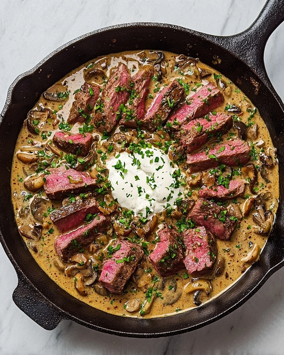 A black cast iron skillet filled with a creamy mushroom sauce layered with thin slices of medium-rare steak, showing pink centers and seared edges, spread evenly throughout. The sauce is light brown with visible mushroom pieces in various shades of brown, giving a rich texture. On top, there is a dollop of white sour cream placed near the center, sprinkled lightly with red chili flakes for color contrast, and fresh green parsley scattered around for garnish. The skillet rests on a white marbled surface. photo taken with an iphone --ar 4:5 --v 7
