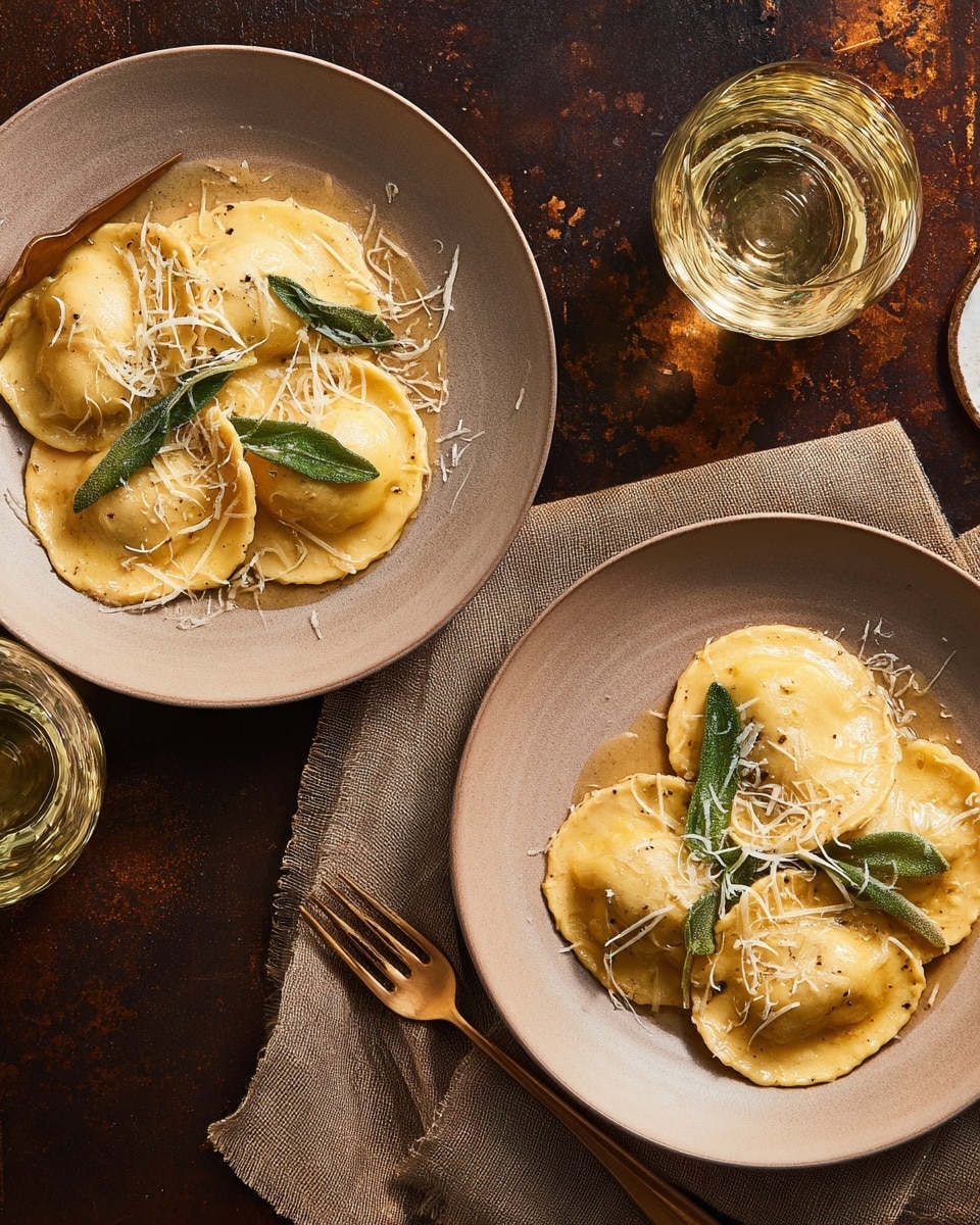 Two white plates each hold four large round ravioli pieces with a soft, light beige color. The ravioli are topped with light melted butter giving a shiny golden-yellow layer, and fresh green sage leaves scattered on top. There is a sprinkling of grated white cheese over the ravioli, adding a fine textured layer. The plates rest on coarse brown burlap cloth pieces, placed on a white marbled textured surface. Two bronze forks are crossed near the bottom left, and two glasses of white wine with clear reflections are seen near the top of the image. photo taken with an iphone --ar 4:5 --v 7