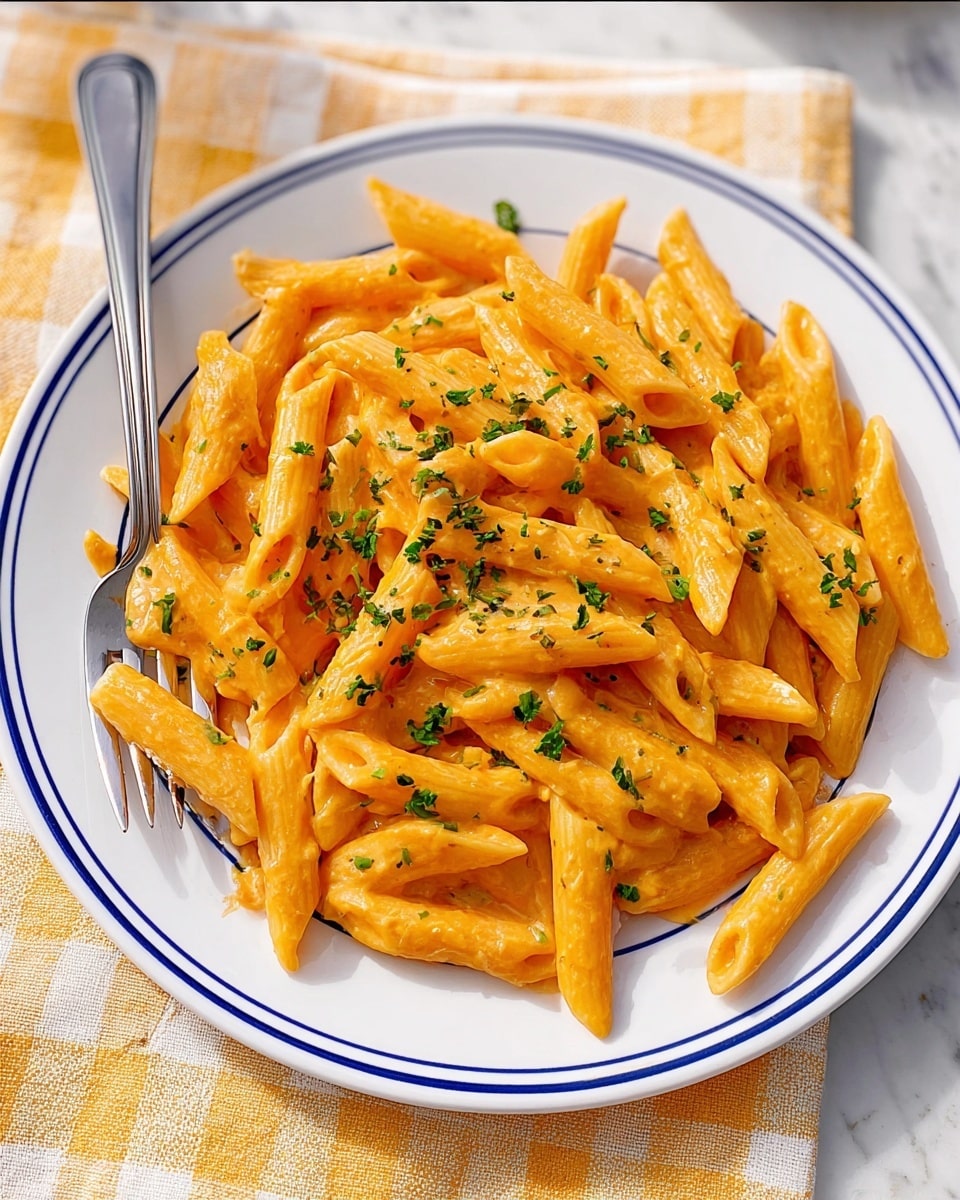 A white plate with a blue rim is filled with creamy orange penne pasta, each piece coated evenly with sauce. Small green chopped herbs sprinkle over the pasta, adding color contrast. A silver fork rests on the left side of the plate, partly stuck into the pasta. The plate sits on a yellow and white checkered cloth, with a white marbled surface in the background. photo taken with an iphone --ar 4:5 --v 7