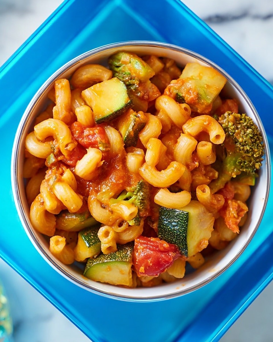 A close-up top view of a bowl filled with cooked elbow macaroni mixed with chunky pieces of green broccoli, bright red tomato slices, light green zucchini cubes, and small yellow bell pepper pieces, all coated in a rich red tomato-based sauce. The pasta and vegetables are tightly packed inside a round white bowl, which is set in a blue square frame. The background shows a white marbled surface with soft lighting. Photo taken with an iphone --ar 4:5 --v 7