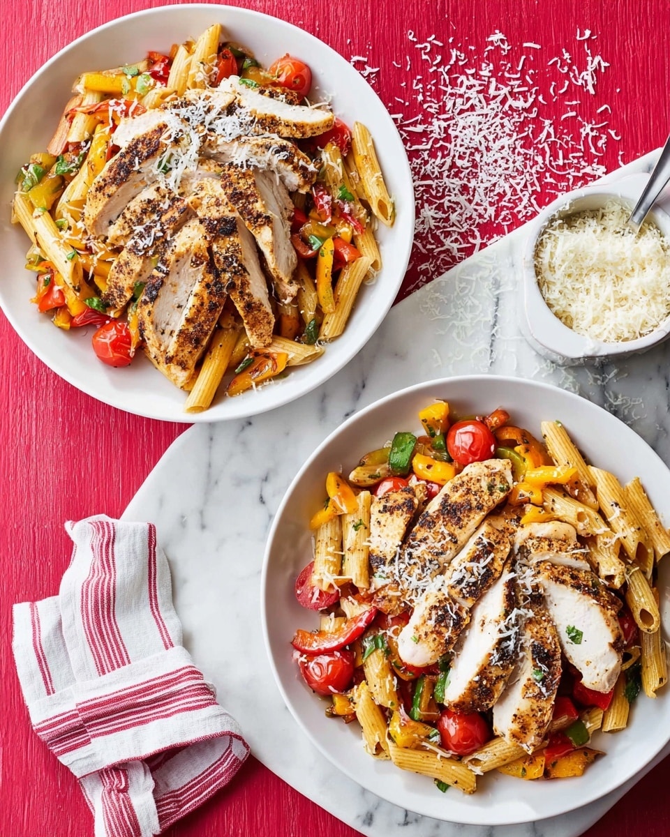 Two white plates each hold a layered dish starting with a base of golden-brown penne pasta mixed with roasted red and yellow bell peppers and zucchini pieces, bringing a mix of warm colors and soft textures. On top of the pasta layers are several slices of grilled chicken breast, seasoned and grilled to have a slightly charred, textured surface with visible pepper flakes. The entire dish is finished with a sprinkling of finely grated white cheese adding a soft, powdery texture on top. Next to the plates is a white striped cloth napkin and a white marbled surface is underneath everything, with a cheese grater and a couple of small chunks of cheese resting on a small white plate nearby. photo taken with an iphone --ar 4:5 --v 7