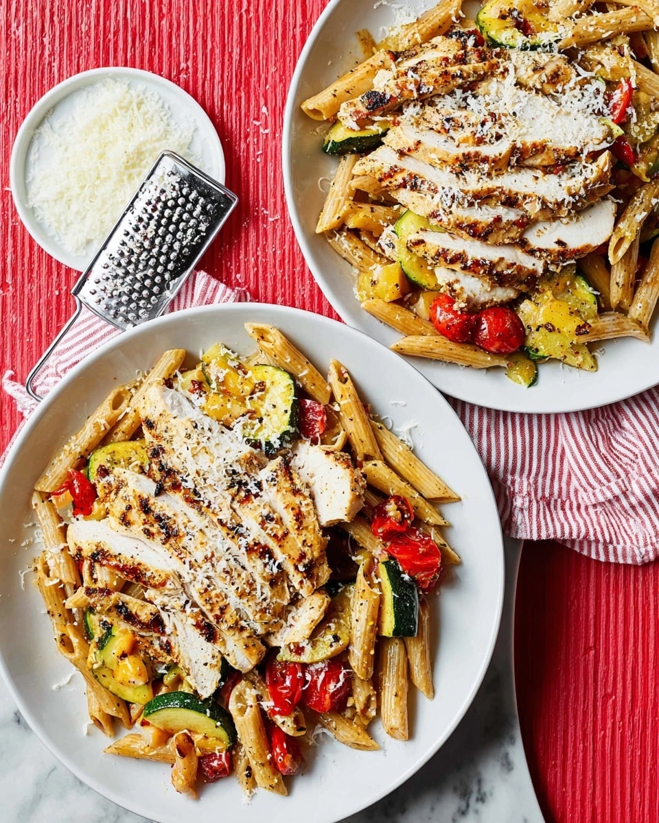 Two white plates each hold a layer of cooked penne pasta mixed with roasted red and yellow cherry tomatoes and slices of green zucchini, creating an orange, red, and green base with a soft texture. On top of the pasta sits a layer of grilled chicken breast slices, cooked to a light golden brown with slightly crispy edges, arranged neatly in the center. Both dishes are lightly sprinkled with finely grated white cheese, adding a delicate, snowy texture. A small white plate holds a metal grater with small chunks of cheese on top, next to the plates. The dishes are set on a white marbled surface with a red and white striped cloth nearby, and the photo taken with an iphone --ar 4:5 --v 7
