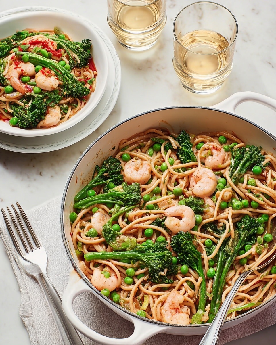 A white pot filled with a mix of light brown noodles twisted around each other, bright green broccolini and peas, and small pink shrimp scattered evenly on top, some with specks of black pepper, with a silver fork inside the pot. Behind it, there is a white bowl with a similar noodle dish topped with more shrimp, peas, and broccolini, with a red sauce drizzled over part of the food. Two small clear glasses with light yellow liquid stand in the background. A silver fork lies on a white cloth on a white marbled surface below. photo taken with an iphone --ar 4:5 --v 7