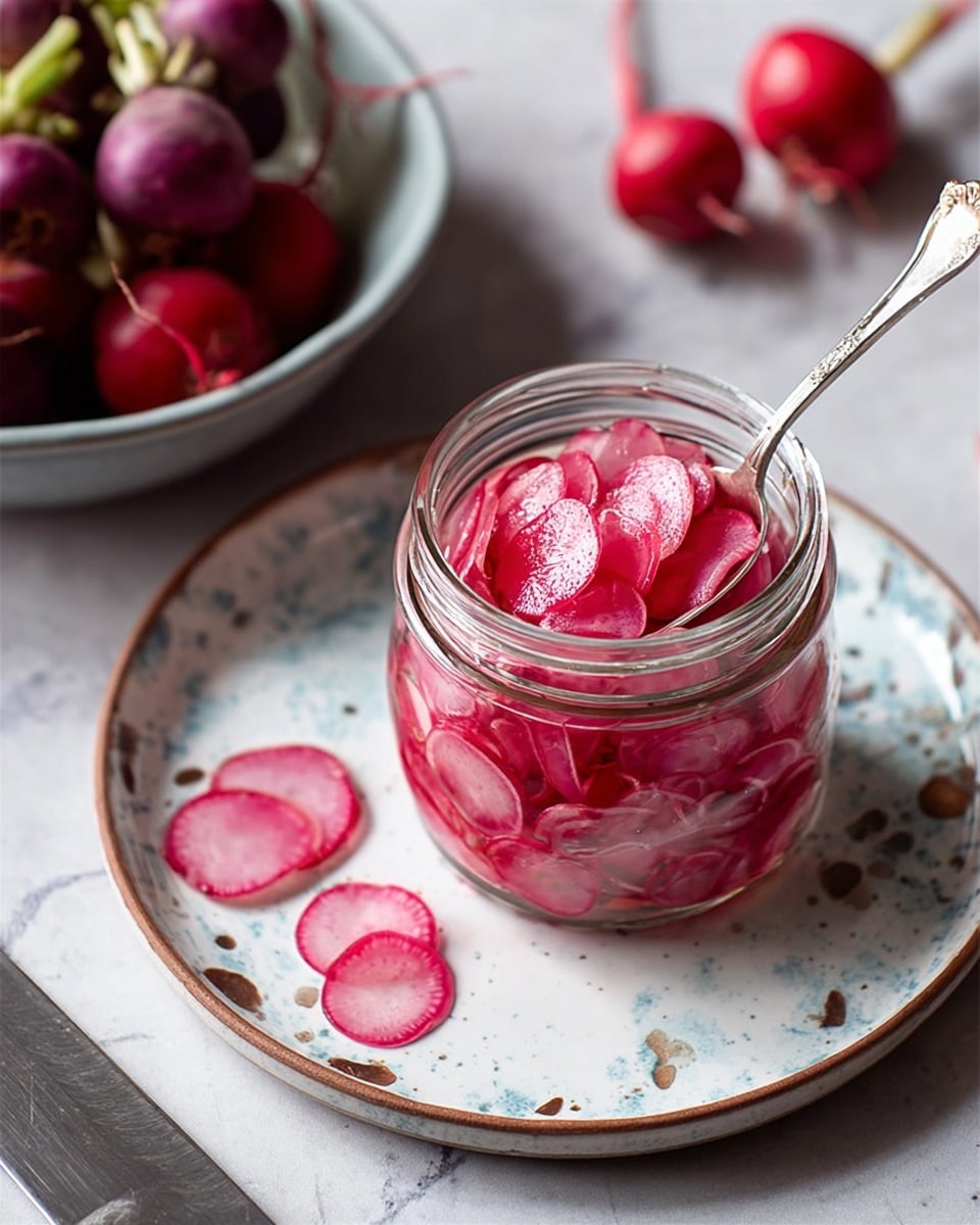 A jar is filled with thin, round slices of bright pink pickled radish, tightly packed inside the clear glass container with a metal clasp and an open glass lid resting to the side. A silver spoon is partially inside the jar. The jar sits on a white plate with a blue speckled design, placed on a white marbled surface. To the left, a woman’s hand reaches toward a knife with sliced radish rounds next to it, and whole radishes are scattered around inside a brown bowl and on the surface. Photo taken with an iphone --ar 4:5 --v 7