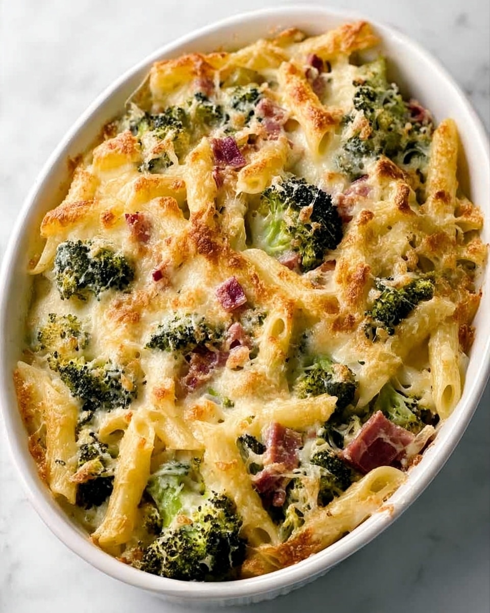 A white oval dish filled with a baked pasta casserole, showing several layers of short, tube-shaped pasta mixed evenly with bright green broccoli pieces and bits of red onions. The top layer is bubbling with melted, creamy cheese that is golden brown and slightly crispy around the edges, with some melted cheese strings visible inside. The pasta and broccoli are coated well with a smooth, light cream sauce, making the dish look rich and tasty. The dish is placed on a white marbled surface. photo taken with an iphone --ar 4:5 --v 7