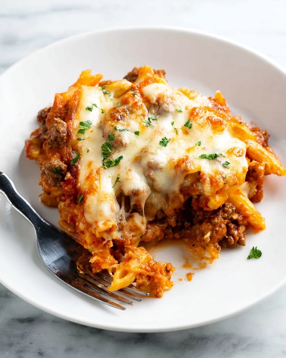 A white plate holds a generous serving of baked pasta with three clear layers: the bottom layer is orange pasta mixed with brown ground meat, the middle layer is a rich, chunky red tomato sauce, and the top layer is melted, creamy white cheese sprinkled with small green parsley pieces. The cheese is golden brown and bubbly in spots, while strands of cheese stretch slightly from the pasta. A silver fork with a black handle rests on the top edge of the plate. The plate sits on a white marbled surface. photo taken with an iphone --ar 4:5 --v 7