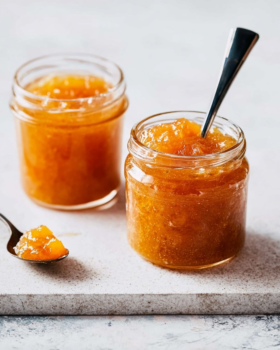 The image shows two clear glass jars filled with a thick, golden-orange jam that has a slightly chunky texture. One jar is closer to the front, while the other is slightly behind it, with a black spoon dipped into the jam in the back jar. The jam looks shiny and smooth on top, with visible pieces inside. A small silver spoon with a dollop of jam rests on a white marbled surface, alongside a white plate with a knife that has some jam on it. The whole setup is on a white marbled texture, giving a clean and fresh look. photo taken with an iphone --ar 4:5 --v 7
