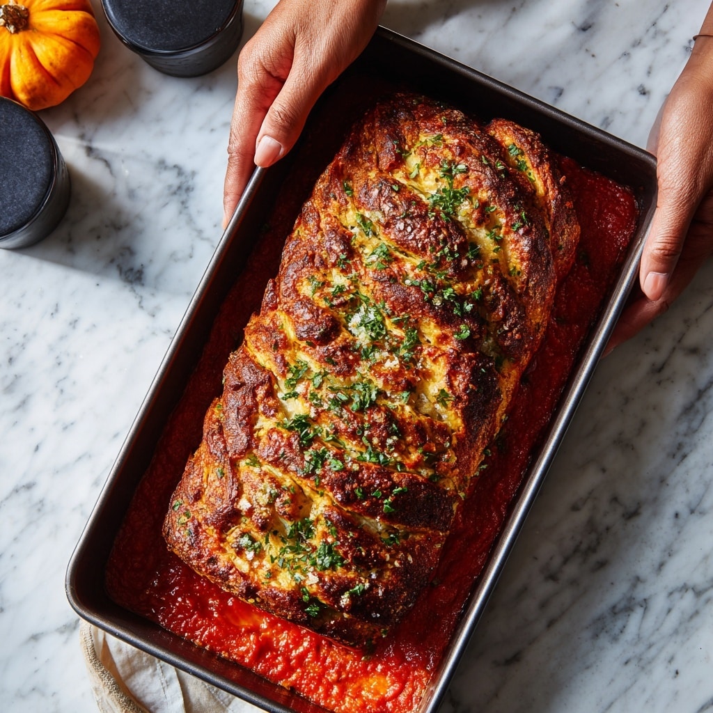 The image shows a large rectangular baking pan filled with a thick, vibrant red tomato sauce that covers the entire base. On top, there are four long, unevenly shaped golden-brown bread rolls sprinkled with chopped green herbs. One roll has been broken open at the top left corner, revealing a filling of green olives and possibly cheese. Two dark-skinned arms reach into the pan, breaking apart one bread roll, with one woman's hand holding a piece. The background is a white marbled surface, with a small bright orange pumpkin and two dark salt and pepper shakers on the left side. photo taken with an iphone --ar 4:5 --v 7