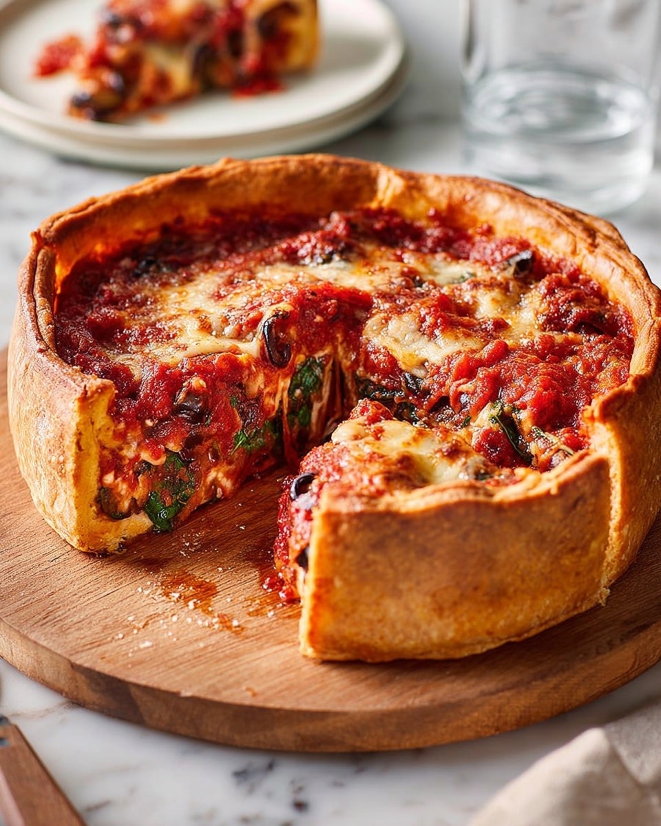 A deep-dish pizza sits on a round wooden board on a white marbled surface. It has a thick, golden-brown crust that curls over the edges, creating a high border around the pizza. The top layer is melted cheese with browned spots and a rich, glossy tomato sauce mixed in. Inside, there are three visible layers: a red tomato sauce layer near the top, a middle layer filled with dark olives and green leafy vegetables, and a bottom crust that is golden and thick. One slice is cut out, showing the layers and some melted cheese strings stretching slightly. In the background, there is a white plate with a piece of the pizza and a glass of water beside it. photo taken with an iphone --ar 4:5 --v 7