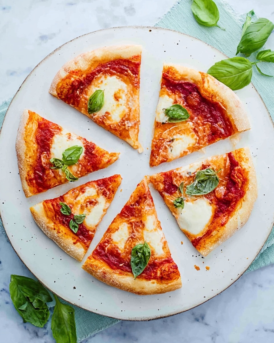 A white plate holds a pizza cut into six slices arranged in a circle, showing a thin crust with a light golden brown edge. The pizza has a base layer of red tomato sauce topped with melted white mozzarella cheese, scattered unevenly, creating a mix of white and red spots. Fresh green basil leaves are placed on top of some slices, adding a bright green color. The plate rests on a white marbled surface, with a small bunch of basil leaves nearby. Photo taken with an iphone --ar 4:5 --v 7