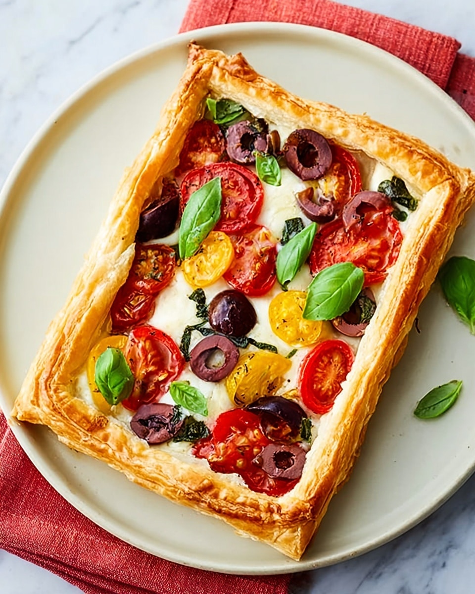A rectangular puff pastry tart sits on a white plate over a white marbled textured surface. The puff pastry has a golden-brown, flaky crust with a raised edge around the tart. Inside the crust, there are layers of melted white cheese, scattered sliced black olives, bright red cherry tomato halves, and small fresh green basil leaves. The tomatoes and basil add a fresh pop of color against the creamy cheese and golden pastry. The plate is on top of a folded coral pink cloth napkin. photo taken with an iphone --ar 4:5 --v 7