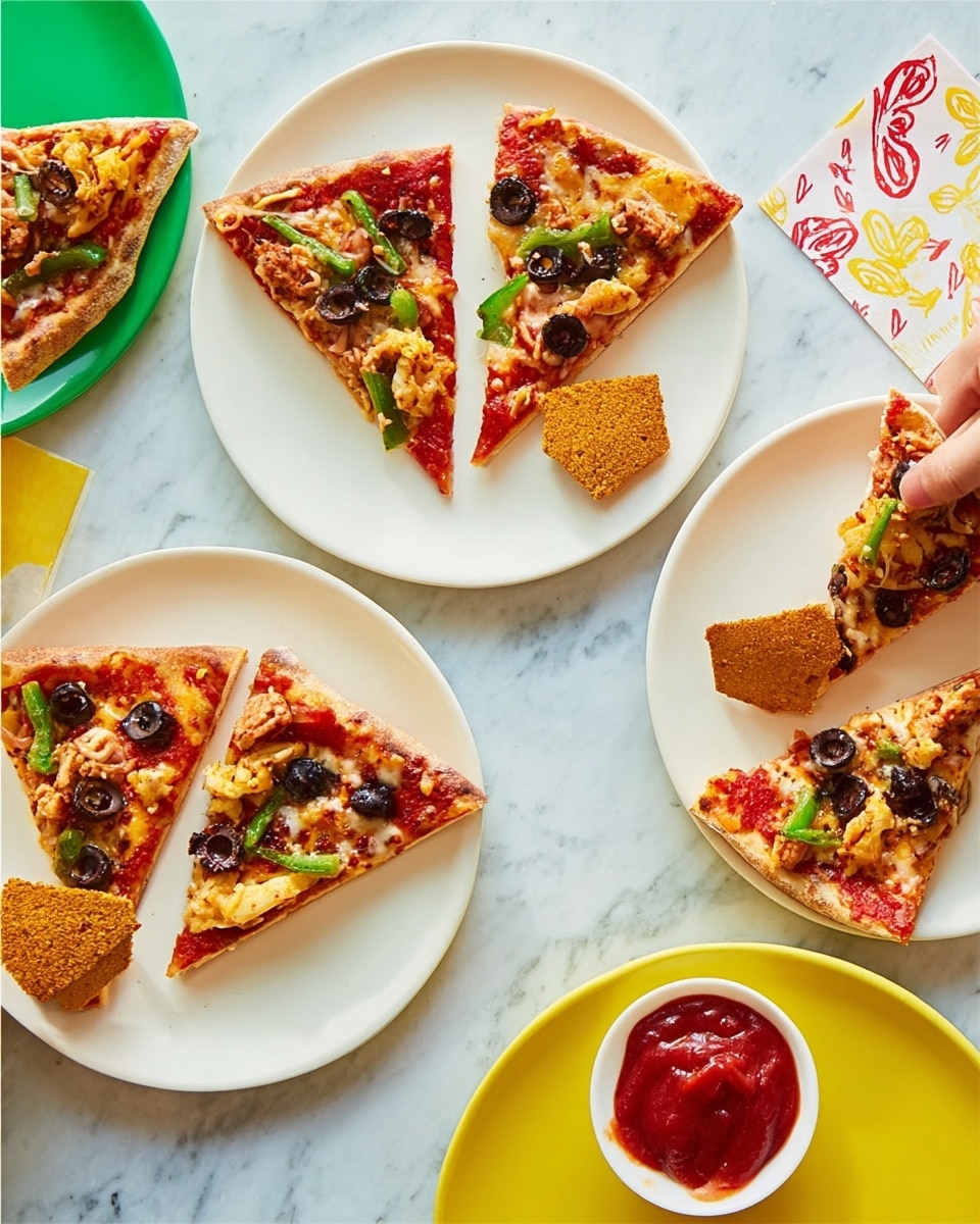 The image shows several white round plates each with three triangular slices of pizza topped with melted cheese, sliced black olives, and small bits of green herbs. Each plate also has a crispy brown rice cake beside the pizza slices. One plate includes a small round dollop of red sauce next to the pizza slices. The plates are placed on a white marbled surface with a colorful cloth with red and yellow patterns partially visible in the upper left corner. A woman's hand is reaching towards one of the plates. photo taken with an iphone --ar 4:5 --v 7