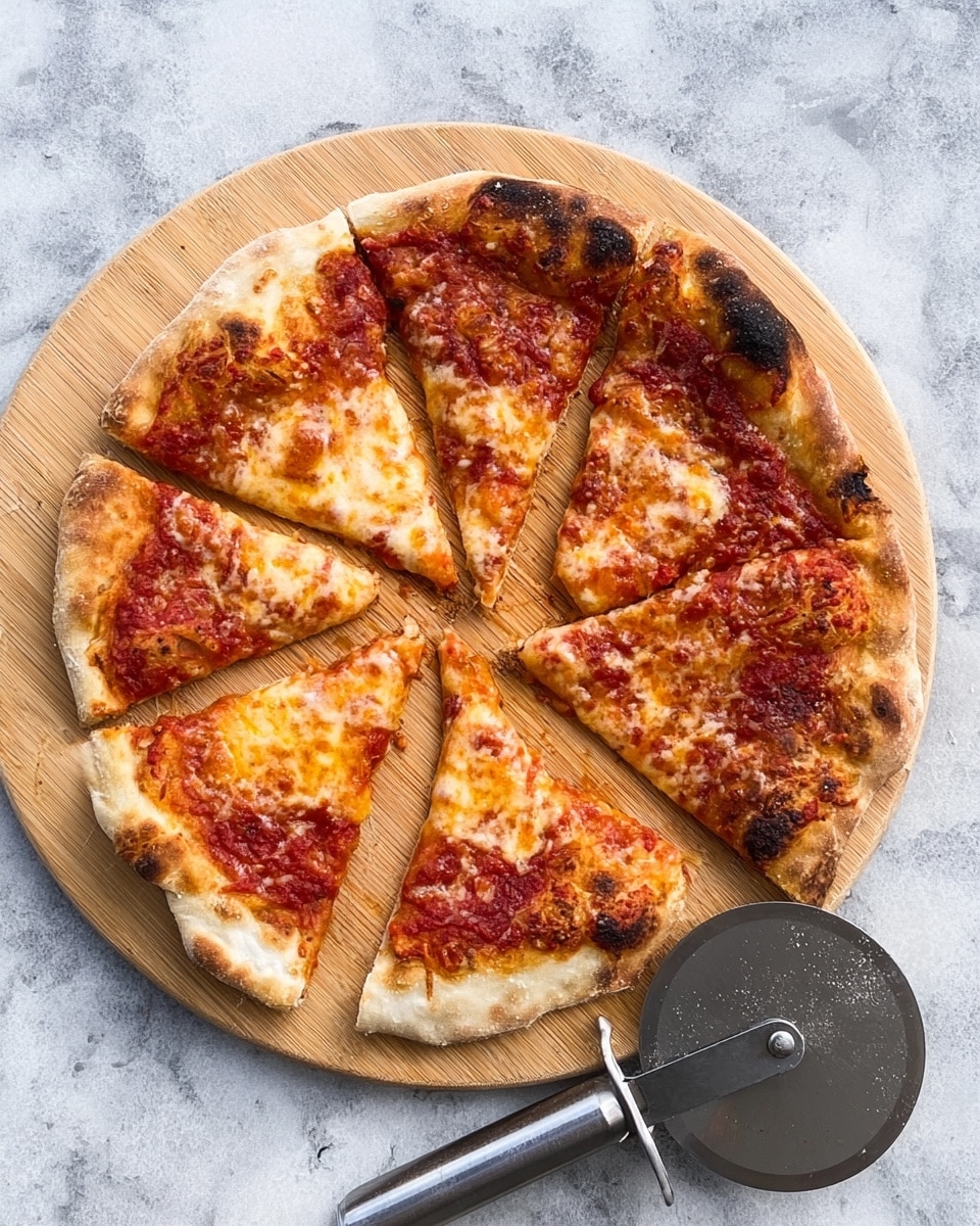 A round pizza cut into five slices on a wooden pizza board, the crust is golden brown with some charred spots, the surface covered with melted cheese and red tomato sauce showing through in patches, especially near the edges and center. The cheese is bubbly and slightly browned in some areas, creating a mix of creamy white and light orange tones. The pizza cutter with a silver handle and black grip lies next to the board on a white marbled surface. Photo taken with an iphone --ar 4:5 --v 7